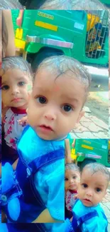 Collage of cute baby faces with colorful background.