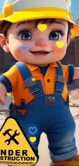 Cute baby in construction outfit with under construction sign.