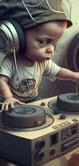 Cute baby DJ with turntables and headphones.