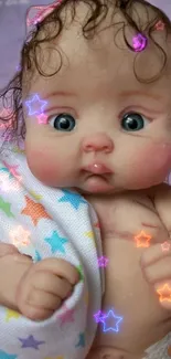 Adorable baby doll holding a starry blanket with colorful stars.