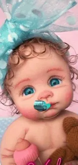 Cute baby doll with teal bow, holding a teddy bear and cupcake.