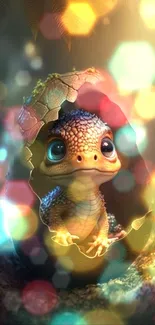 Cute baby dragon emerging from egg with magical bokeh lights in the background.