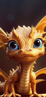 Cute baby dragon with bright blue eyes and golden scales.