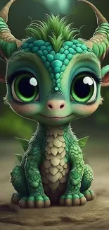 Adorable baby dragon with big eyes and horns in a fantasy setting.