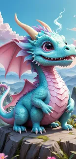 Whimsical blue dragon with pink wings in fantasy landscape.