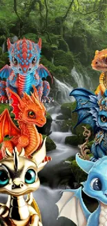 Cute baby dragons in a lush forest waterfall setting.