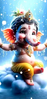 Adorable baby Ganesha sitting on clouds with rain background.