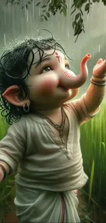 Cute Baby Ganesha enjoying rain in vibrant greenery.