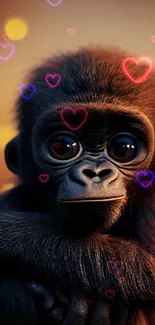 Adorable baby gorilla with warm brown backdrop, perfect for mobile wallpaper.