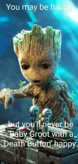 Cute Baby Groot with buttons against a blue background.