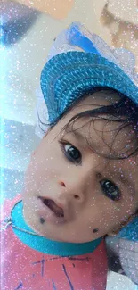 A cute baby wearing a blue hat with a sparkling, glittery background.