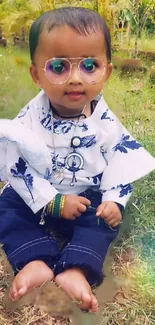 Cute baby in blue floral top with glasses sitting on grass.