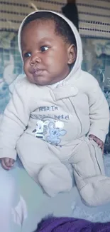 Adorable baby in a cozy beige outfit sitting.