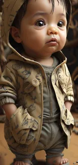 Adorable baby in cozy hooded outfit with artistic background.