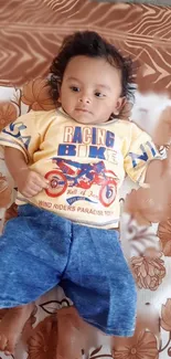 Adorable baby in racing shirt lying on floral background.