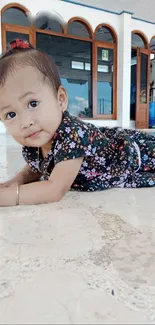 Adorable baby in a colorful floral dress lying on the floor.