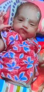 Cute baby in red floral dress with vibrant colors.