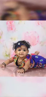 Adorable baby in floral outfit on pastel pink background.