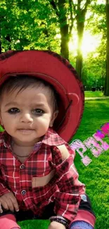 A cute baby in red plaid sitting in a lush green forest scene.