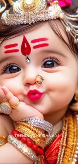 Adorable baby in Krishna attire with vibrant colors and jewelry.