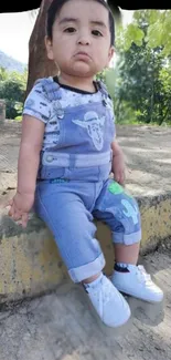 Cute baby boy sitting outdoors in stylish overalls.