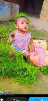 Cute baby sitting with green foliage and pink teddy bear.