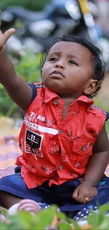 Adorable baby sitting outdoors, reaching up, with a green nature background.