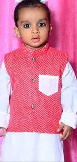 Cute baby in red vest with pink curtain background.