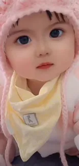 Adorable baby wearing a pink beanie and cozy outfit.