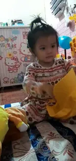 Adorable baby playing in a vibrant, cartoon-themed playroom.