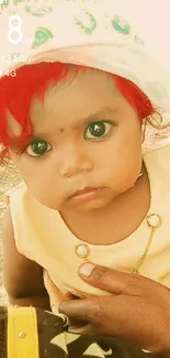 Cute baby with red cap and green eyes.