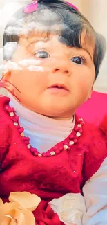 Adorable baby in vibrant red dress with cloud overlay effect.