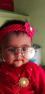 Cute baby in red with glasses and a headband.