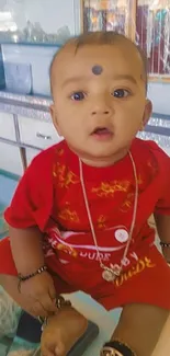 Cute baby in red outfit with jewelry inside a store.