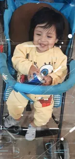 Adorable baby smiling in a stroller.