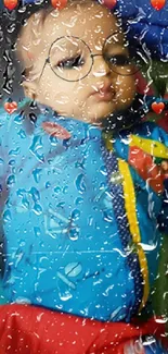 Baby wearing glasses with blue outfit and heart decorations.