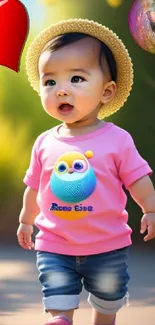 Cute baby in summer hat with colorful background.