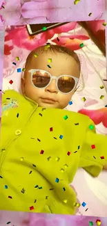 Cute baby in sunglasses with a confetti background, vibrant mobile wallpaper.