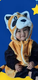 Cute baby in tiger costume with blue background and yellow star accent.