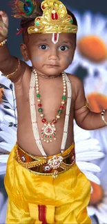 Cute baby in yellow attire with daisy flowers in background.