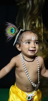 Adorable baby in yellow traditional attire with peacock feather.