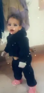 Adorable baby in winter clothes with Snapchat filter.