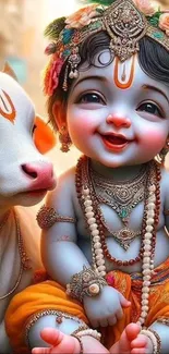 Vibrant Baby Krishna smiling with cow, adorned in traditional attire.