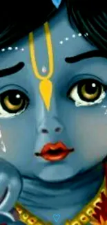 Adorable Baby Krishna artwork with blue tones and spiritual essence.