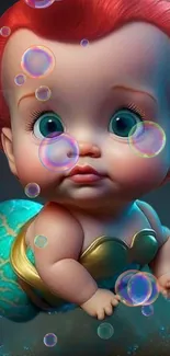 Cute baby mermaid with bubbles in teal ocean scene.