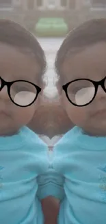 Cute baby in glasses with mirrored effect on blue wallpaper.