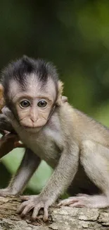 Cute baby monkey sitting on a branch with green background.