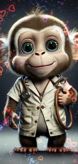 Adorable baby monkey in a doctor's coat, cartoon style.