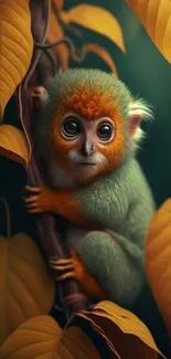 Cute baby monkey surrounded by golden leaves, perfect for phone wallpaper.