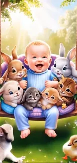 Baby swinging with animals in nature.